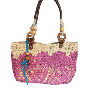 VTG Fossil Long Live 1954 Tote Bag Summer Beach Pink & Beige W/ Key Charm